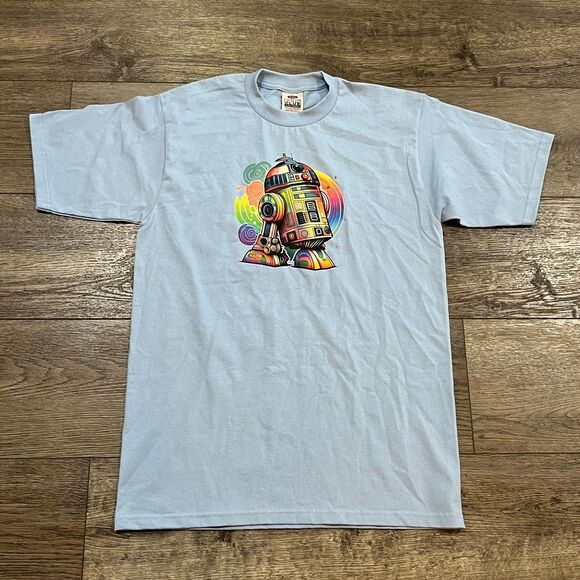 Vintage 90s Pro Club Sky Blue R2-D2 Rainbow T-Shirt Made in USA Men's Size Large - Picture 1 of 6